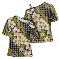 Ele'ele Hawai'i Palaka Plumeria Cross Shoulder Shirt Puakenikeni and Maile Lei