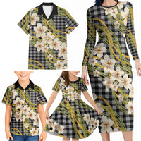 Ele'ele Hawai'i Palaka Plumeria Family Matching Long Sleeve Bodycon Dress and Hawaiian Shirt Puakenikeni and Maile Lei