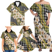 Ele'ele Hawai'i Palaka Plumeria Family Matching Off Shoulder Maxi Dress and Hawaiian Shirt Puakenikeni and Maile Lei