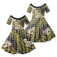 Ele'ele Hawai'i Palaka Plumeria Family Matching Off Shoulder Maxi Dress and Hawaiian Shirt Puakenikeni and Maile Lei