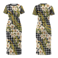 Ele'ele Hawai'i Palaka Plumeria Family Matching Short Sleeve Bodycon Dress and Hawaiian Shirt Puakenikeni and Maile Lei