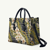 Ele'ele Hawai'i Palaka Plumeria Leather Bag Puakenikeni and Maile Lei