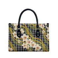 Ele'ele Hawai'i Palaka Plumeria Leather Bag Puakenikeni and Maile Lei