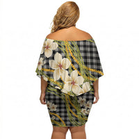 Ele'ele Hawai'i Palaka Plumeria Off Shoulder Short Dress Puakenikeni and Maile Lei