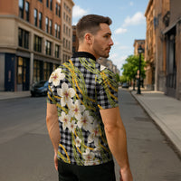 Ele'ele Hawai'i Palaka Plumeria Zipper Polo Shirt Puakenikeni and Maile Lei