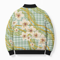 Liko Kukui Hawai'i Palaka Plumeria Bomber Puffer Jacket Puakenikeni and Maile Lei