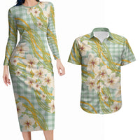 Liko Kukui Hawai'i Palaka Plumeria Couples Matching Long Sleeve Bodycon Dress and Hawaiian Shirt Puakenikeni and Maile Lei