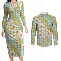 Liko Kukui Hawai'i Palaka Plumeria Couples Matching Long Sleeve Bodycon Dress and Long Sleeve Button Shirt Puakenikeni and Maile Lei