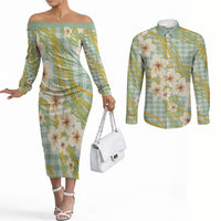 Liko Kukui Hawai'i Palaka Plumeria Couples Matching Off The Shoulder Long Sleeve Dress and Long Sleeve Button Shirt Puakenikeni and Maile Lei