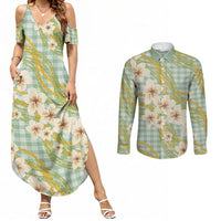 Liko Kukui Hawai'i Palaka Plumeria Couples Matching Summer Maxi Dress and Long Sleeve Button Shirt Puakenikeni and Maile Lei