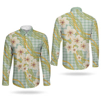 Liko Kukui Hawai'i Palaka Plumeria Couples Matching Summer Maxi Dress and Long Sleeve Button Shirt Puakenikeni and Maile Lei