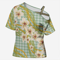 Liko Kukui Hawai'i Palaka Plumeria Cross Shoulder Shirt Puakenikeni and Maile Lei