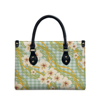 Liko Kukui Hawai'i Palaka Plumeria Leather Bag Puakenikeni and Maile Lei