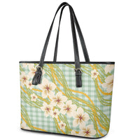 Liko Kukui Hawai'i Palaka Plumeria Leather Tote Bag Puakenikeni and Maile Lei