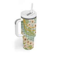 Liko Kukui Hawai'i Palaka Plumeria Tumbler With Handle Puakenikeni and Maile Lei