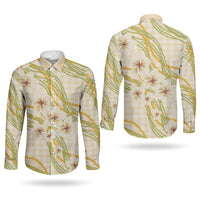 Melemele Ahiahia Hawai'i Palaka Plumeria Couples Matching Short Sleeve Bodycon Dress and Long Sleeve Button Shirt Puakenikeni and Maile Lei