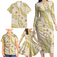 Melemele Ahiahia Hawai'i Palaka Plumeria Family Matching Long Sleeve Bodycon Dress and Hawaiian Shirt Puakenikeni and Maile Lei
