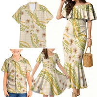 Melemele Ahiahia Hawai'i Palaka Plumeria Family Matching Mermaid Dress and Hawaiian Shirt Puakenikeni and Maile Lei