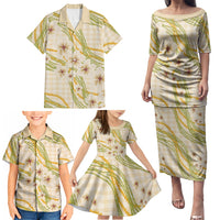 Melemele Ahiahia Hawai'i Palaka Plumeria Family Matching Puletasi and Hawaiian Shirt Puakenikeni and Maile Lei