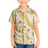 Melemele Ahiahia Hawai'i Palaka Plumeria Kid Hawaiian Shirt Puakenikeni and Maile Lei