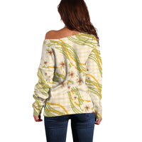 Melemele Ahiahia Hawai'i Palaka Plumeria Off Shoulder Sweater Puakenikeni and Maile Lei