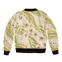 Melemele Ahiahia Hawai'i Palaka Plumeria Sleeve Zip Bomber Jacket Puakenikeni and Maile Lei