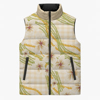 Melemele Ahiahia Hawai'i Palaka Plumeria Sleeveless Puffer Jacket Puakenikeni and Maile Lei