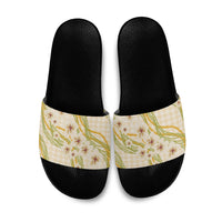 Melemele Ahiahia Hawai'i Palaka Plumeria Slide Sandals Puakenikeni and Maile Lei