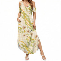 Melemele Ahiahia Hawai'i Palaka Plumeria Summer Maxi Dress Puakenikeni and Maile Lei