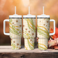 Melemele Ahiahia Hawai'i Palaka Plumeria Tumbler With Handle Puakenikeni and Maile Lei
