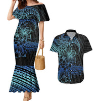 Floral Polynesian Hibiscus Tattoo Couples Matching Mermaid Dress and Hawaiian Shirt Blue Gradient Style LT9 Blue - Polynesian Pride