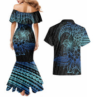 Floral Polynesian Hibiscus Tattoo Couples Matching Mermaid Dress and Hawaiian Shirt Blue Gradient Style LT9 - Polynesian Pride