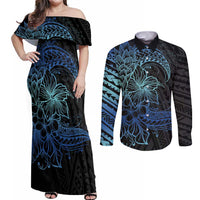 Floral Polynesian Hibiscus Tattoo Couples Matching Off Shoulder Maxi Dress and Long Sleeve Button Shirt Blue Gradient Style