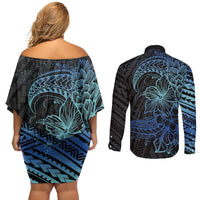 Floral Polynesian Hibiscus Tattoo Couples Matching Off Shoulder Short Dress and Long Sleeve Button Shirt Blue Gradient Style