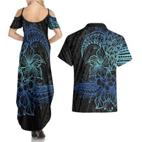 Floral Polynesian Hibiscus Tattoo Couples Matching Summer Maxi Dress and Hawaiian Shirt Blue Gradient Style