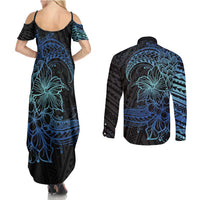 Floral Polynesian Hibiscus Tattoo Couples Matching Summer Maxi Dress and Long Sleeve Button Shirt Blue Gradient Style