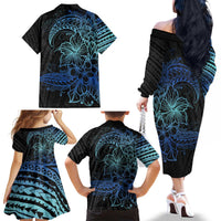 Floral Polynesian Hibiscus Tattoo Family Matching Off The Shoulder Long Sleeve Dress and Hawaiian Shirt Blue Gradient Style