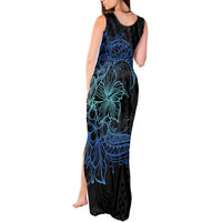 Floral Polynesian Hibiscus Tattoo Tank Maxi Dress Blue Gradient Style