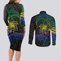 Floral Polynesian Hibiscus Tattoo Couples Matching Long Sleeve Bodycon Dress and Long Sleeve Button Shirt Green Gradient Style