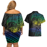 Floral Polynesian Hibiscus Tattoo Couples Matching Off Shoulder Short Dress and Hawaiian Shirt Green Gradient Style