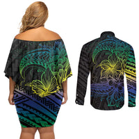 Floral Polynesian Hibiscus Tattoo Couples Matching Off Shoulder Short Dress and Long Sleeve Button Shirt Green Gradient Style