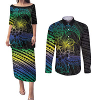 Floral Polynesian Hibiscus Tattoo Couples Matching Puletasi and Long Sleeve Button Shirt Green Gradient Style