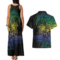 Floral Polynesian Hibiscus Tattoo Couples Matching Tank Maxi Dress and Hawaiian Shirt Green Gradient Style
