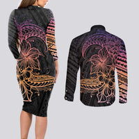 Floral Polynesian Hibiscus Tattoo Couples Matching Long Sleeve Bodycon Dress and Long Sleeve Button Shirt Peach Gradient Style