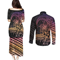 Floral Polynesian Hibiscus Tattoo Couples Matching Puletasi and Long Sleeve Button Shirt Peach Gradient Style