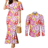 Palaka with Honu and Hibiscus Couples Matching Mermaid Dress and Long Sleeve Button Shirt Hawaiian Heritage Spirit LT9 Red - Polynesian Pride