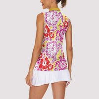 Palaka with Honu and Hibiscus Women Sleeveless Polo Shirt Hawaiian Heritage Spirit - Polynesian Pride