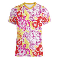 Palaka with Honu and Hibiscus Women V-Neck T-Shirt Hawaiian Heritage Spirit LT9 Female Red - Polynesian Pride
