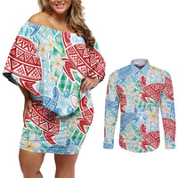 Palaka with Honu and Plumeria Couples Matching Off Shoulder Short Dress and Long Sleeve Button Shirt Hawaiian Heritage Spirit - Polynesian Pride