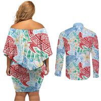 Palaka with Honu and Plumeria Couples Matching Off Shoulder Short Dress and Long Sleeve Button Shirt Hawaiian Heritage Spirit - Polynesian Pride